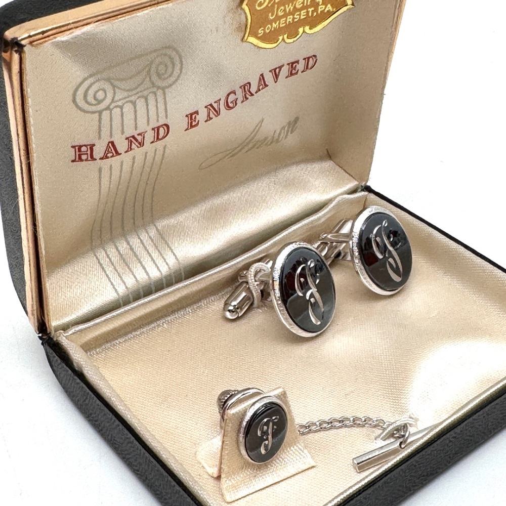 Vintage Anson F Engraved Silvertone Cufflinks and Tie Tack Set with Black Inlay
